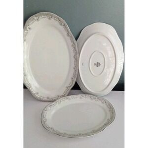 Schumann Arzberg Germany Oval Serving Platters Set Silver Floral‎ Trim